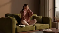 Žena sedí na pohovce, drží si hlavu, vypadá zamyšleně, na klíně má otevřenou knihu.