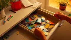 Otevřený šuplík plný různých plastových karet v domácí kanceláři u okna.