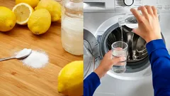 Citron, soda a ocet jako přírodní čističe do pračky, žena lije ocet do bubnu pračky.
