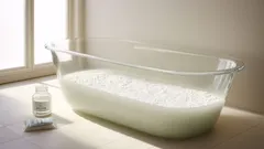 Průhledná vana s mléčnou lázní u okna, láhev a ručník vedle vany.