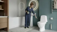 Žena čistí toaletu kartáčem v moderní koupelně, úklid a hygiena domácnosti.