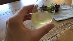 Ruka držící sklenici bílého vína, na stole miska s hroznovým vínem.