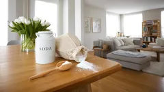 Jedlá soda na stole v moderním obýváku, dřevěná lžíce, květiny a čistý interiér