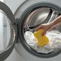 Ruka vkládá žlutou houbičku do pračky s bílým prádlem